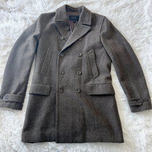 Vtg Banana Republic brown-green plaid tweed wool overcoat Mens M